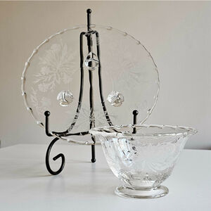 Fostoria Heather Etched Glass Footed Plate 8" & Mayo Bowl 5" Vintage Elegant